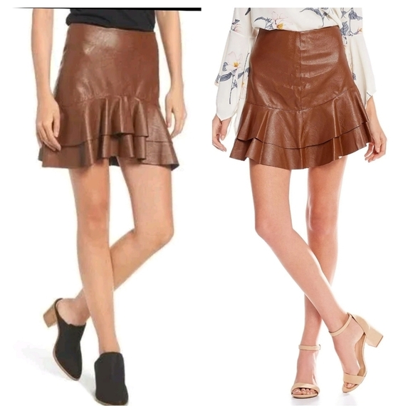 Soprano Caramel Faux Leather Tiered Mini Skirt Women's Sz L Fall Y2K - Picture 10 of 10
